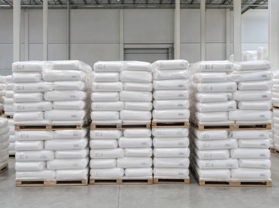 Stretch-wrapped pallets of sacks in a row