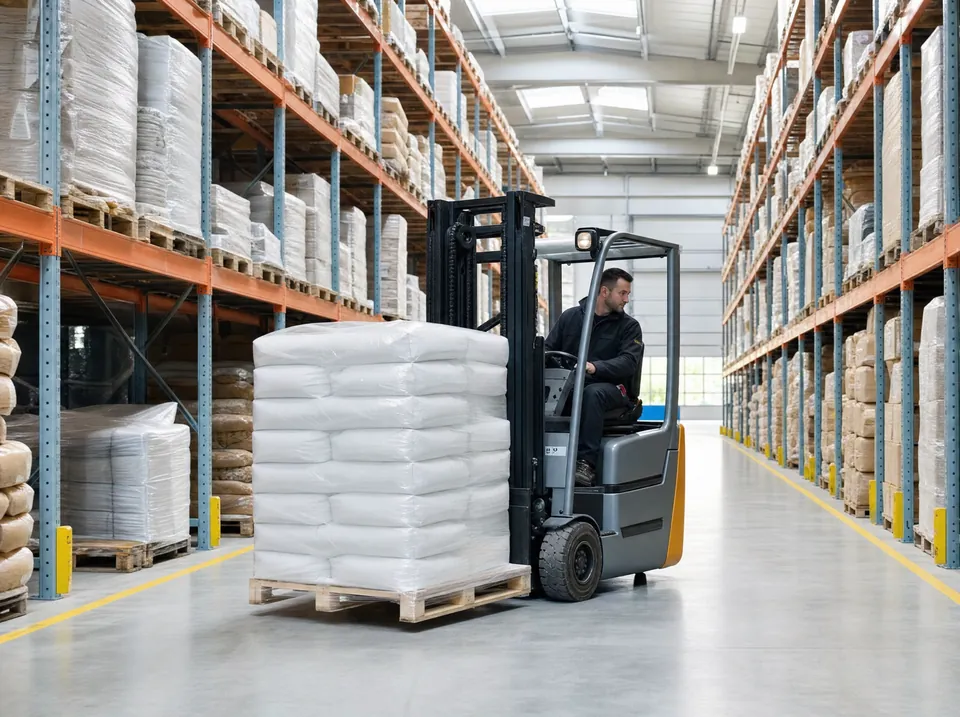 Forklift carrying a pallet of sacks down a rack aisle