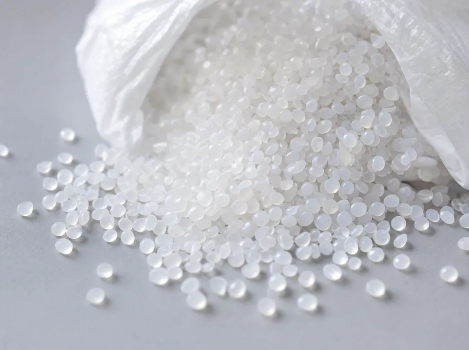 Close-up of plastic granules pouring from a sack