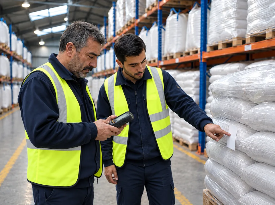 İki depo çalışanı paleti birlikte kontrol ediyor
