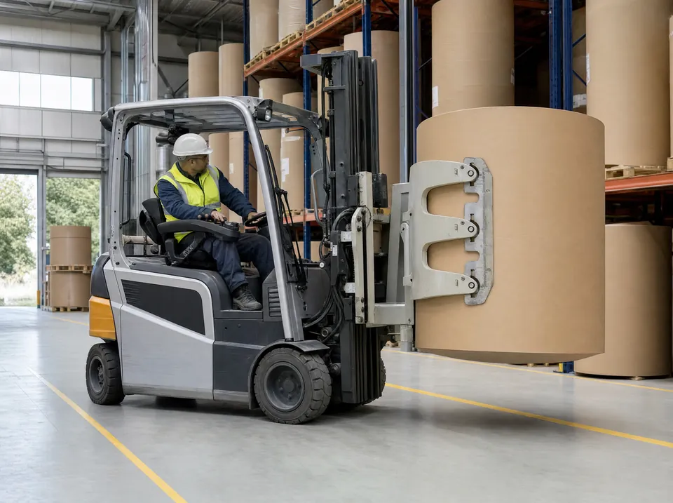 Clamp-attachment forklift lifting a paper reel